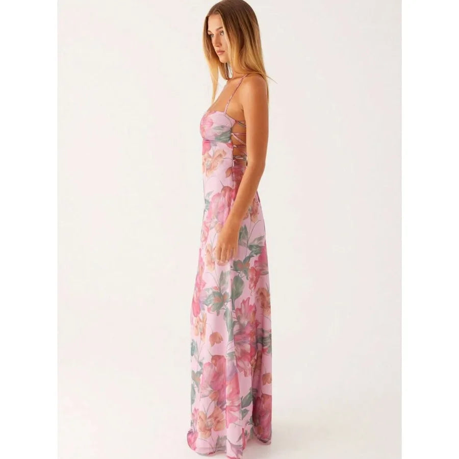 Floral Print Cami Maxi Dress With Straight Neck Silhouette