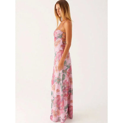 Floral Print Cami Maxi Dress With Straight Neck Silhouette