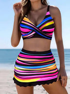 Vibrant Striped Wrap-Front Swim Set with High-Waisted Ruffled Skirt