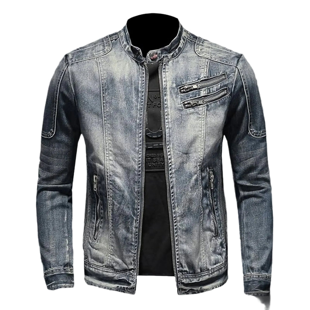 Vintage Wash Zip Front Denim Style Stand Collar Slim Fit Jacket