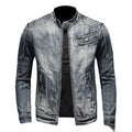 Vintage Wash Zip Front Denim Style Stand Collar Slim Fit Jacket