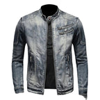 Vintage Wash Zip Front Denim Style Stand Collar Slim Fit Jacket