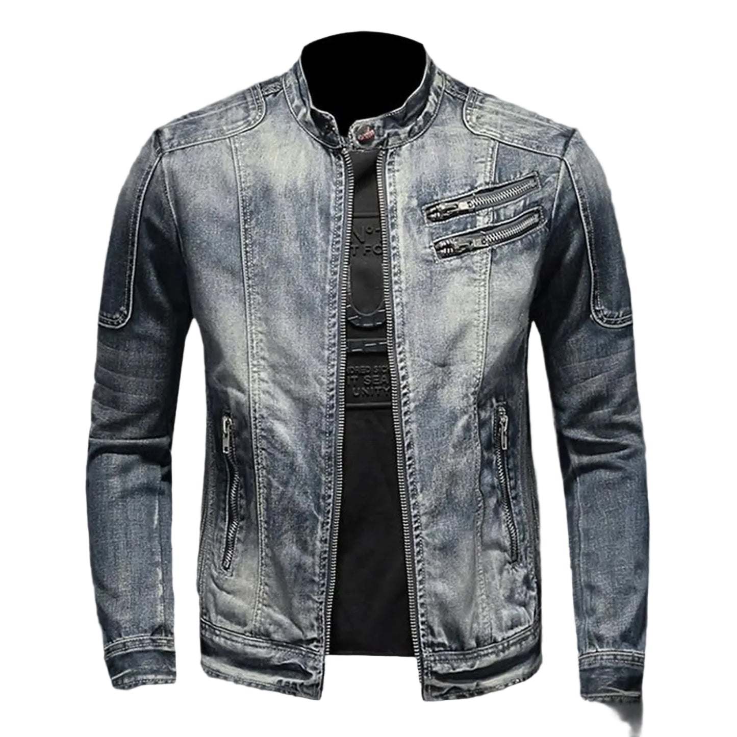 Vintage Wash Zip Front Denim Style Stand Collar Slim Fit Jacket