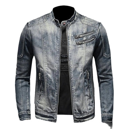 Vintage Wash Zip Front Denim Style Stand Collar Slim Fit Jacket