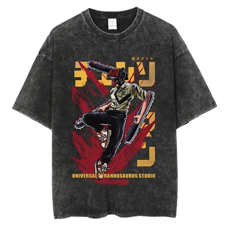 Retro Anime Action Oversized Vintage Wash Streetwear Graphic T-Shirt