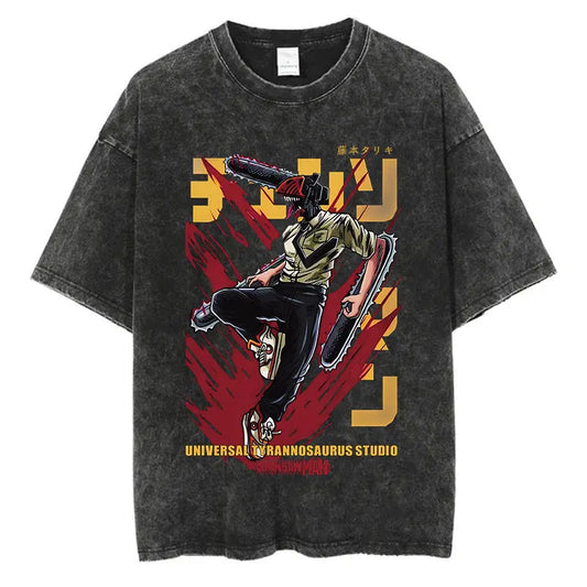 Retro Anime Action Oversized Vintage Wash Streetwear Graphic T-Shirt