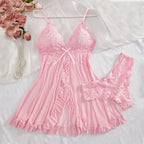 Women's Dark Green Halter Nightgown with Delicate Lace Detail, Sheer Satin-Look Mini Sleep Dress and Matching Thong Set