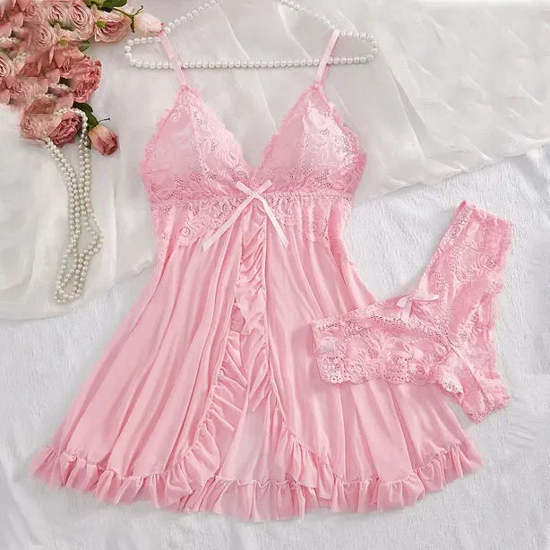 Women's Dark Green Halter Nightgown with Delicate Lace Detail, Sheer Satin-Look Mini Sleep Dress and Matching Thong Set