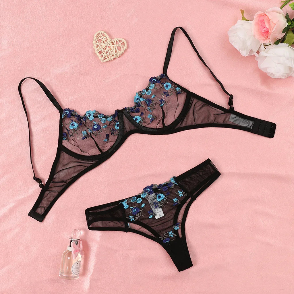 Purple Floral Embroidered Lingerie Set with Detailed Underwire Bra and Matching Brief