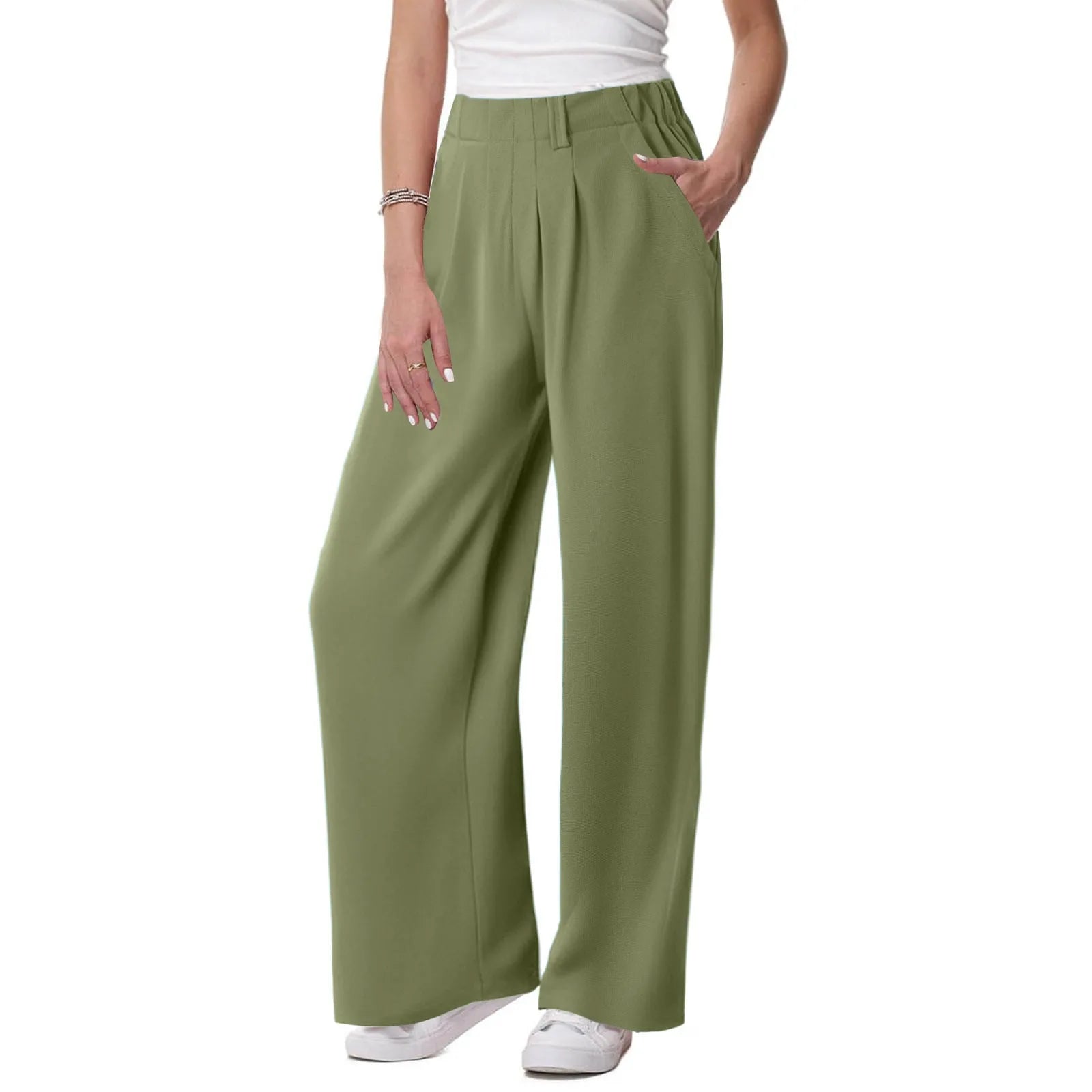 Women's Low Rise Loose Palazzo Pants with Pleated Front and Pocket Casual Streetwear Style