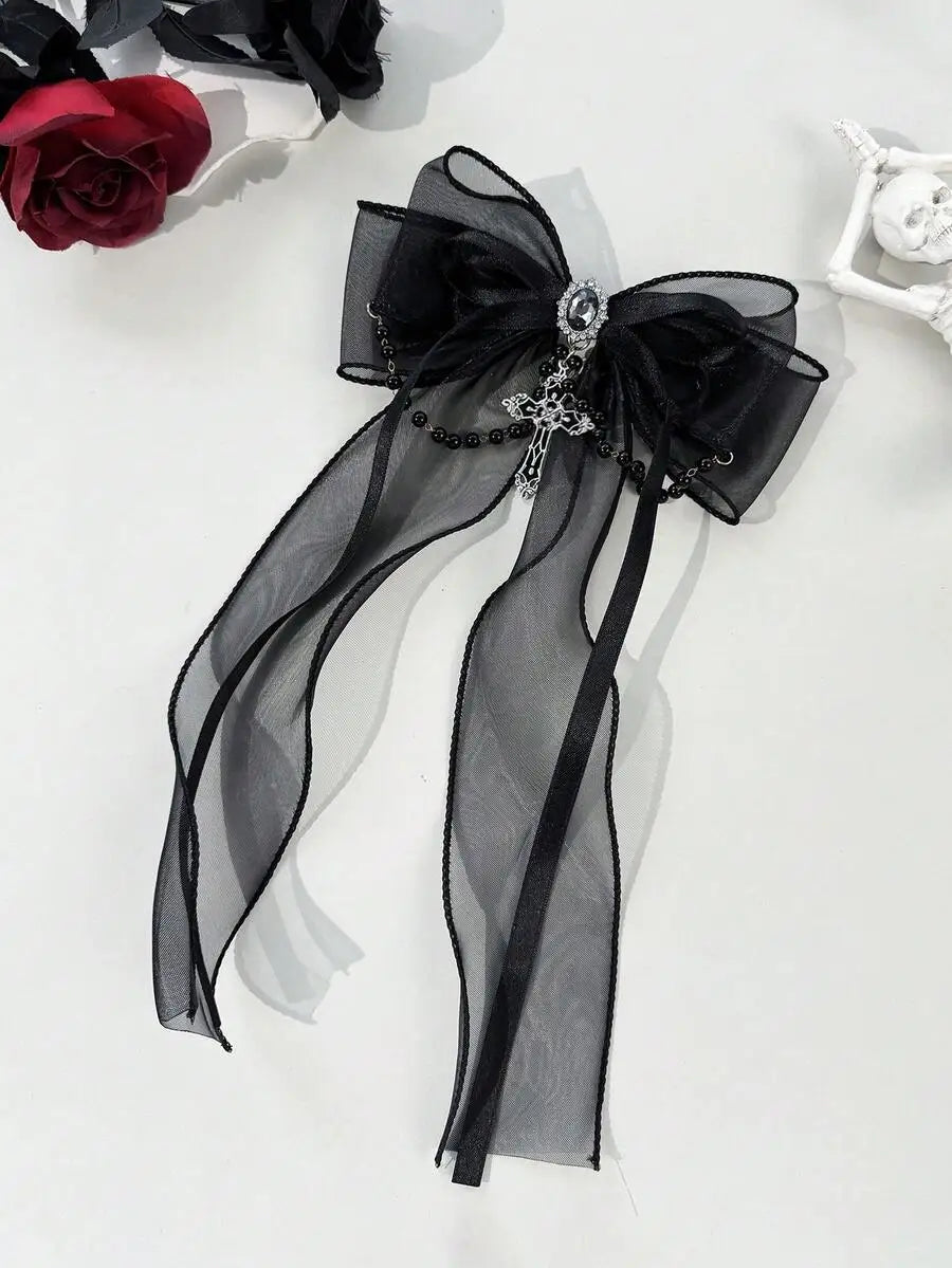 Gothic Mesh Bow Hair Clip With Cross Charm Alternative Statement Accessory