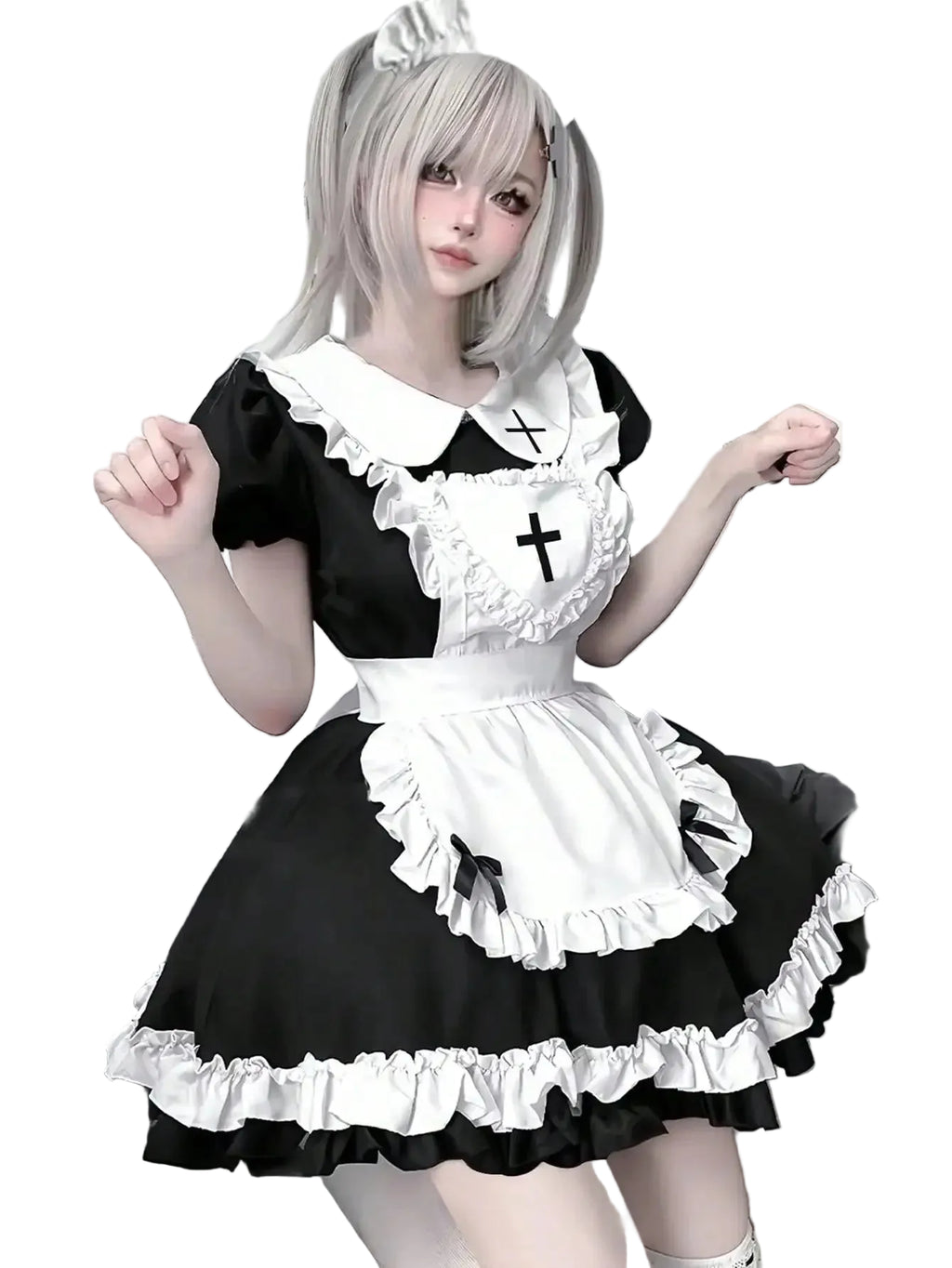 Women's Lace Trim Maid-Inspired Mini Dress with Apron and Puff Sleeve Design