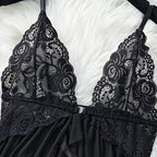 Black Floral Lace Underwire Chemise with Front Cutout and Strappy Hem Detailing