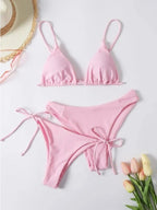 Solid White Three-Piece Triangle Bikini Set with Side-Tie Details