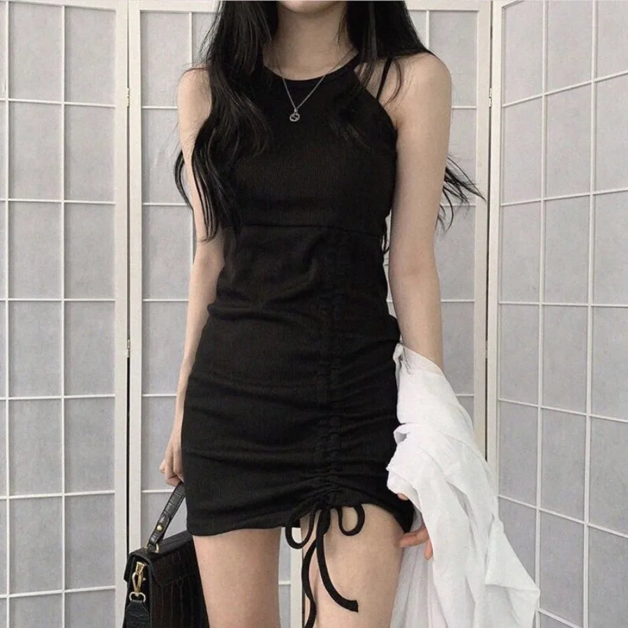 Ruched Gothic Mini Dress with Dark Anime Streetwear Aesthetic