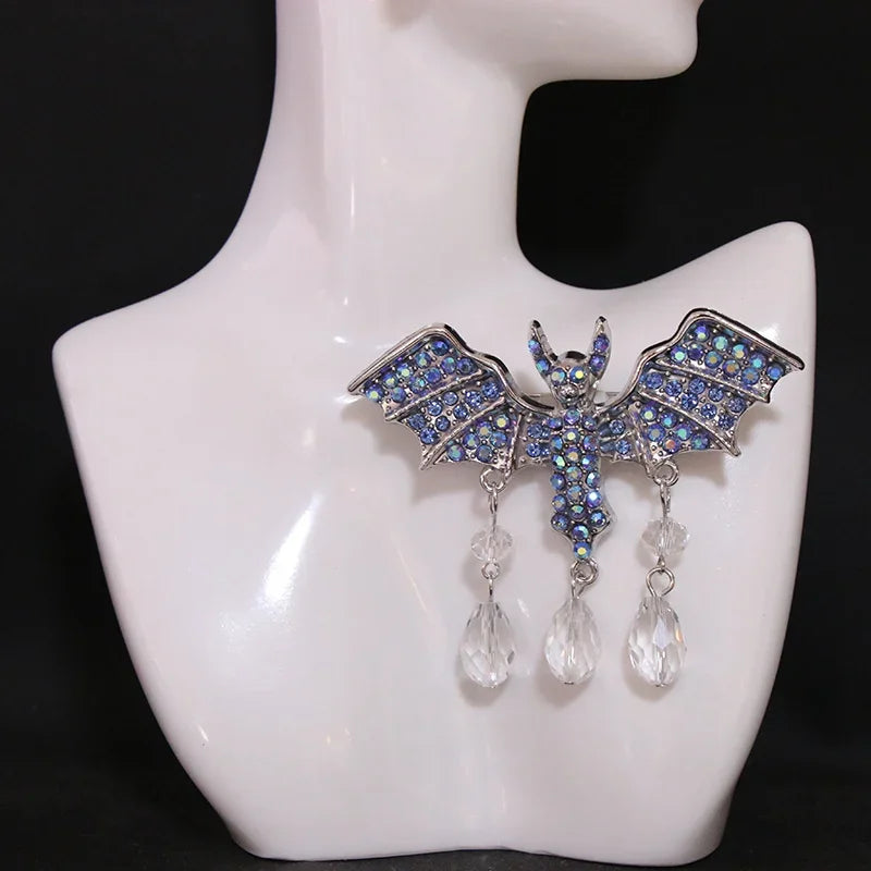 Vintage Gothic Bat Wing Brooch with Crystal Drop Statement Accent