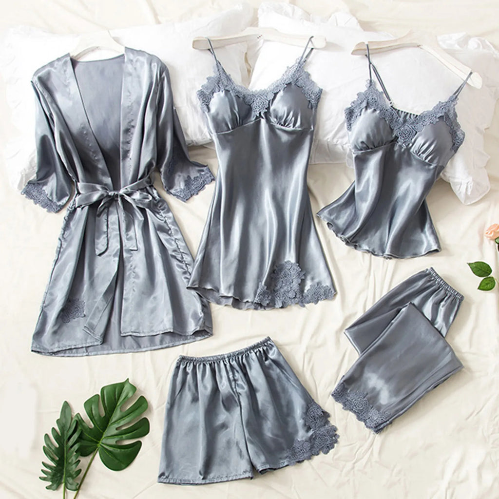 Elegant 5-Piece Burgundy Satin-Finish Sleepwear Collection with Delicate Lace Trim