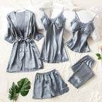 Elegant 5-Piece Burgundy Satin-Finish Sleepwear Collection with Delicate Lace Trim