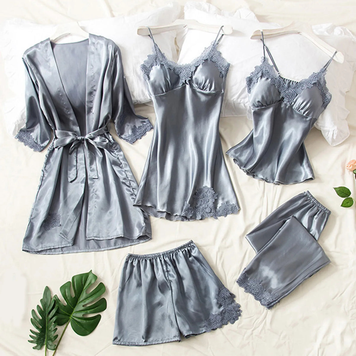 Elegant 5-Piece Burgundy Satin-Finish Sleepwear Collection with Delicate Lace Trim