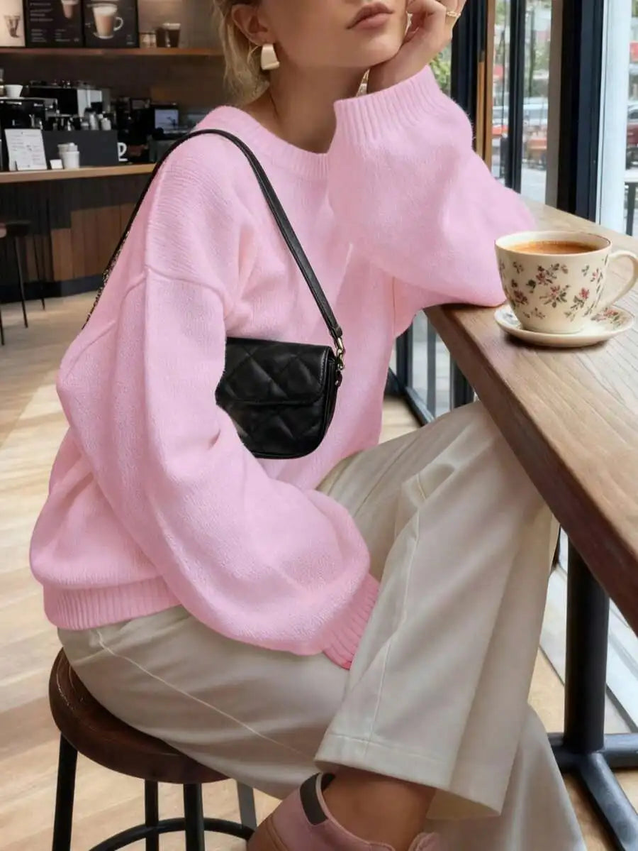 Women's Minimalist Crew Neck Knit Sweater with Relaxed Long Sleeve Silhouette