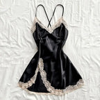 Black Satin-Look V-Neck Mini Nightgown with Contrast Lace Trim, Fine Straps and Elegant Sleeveless Silhouette