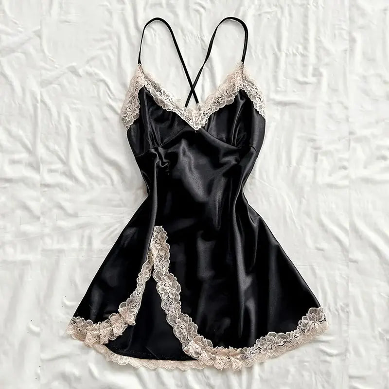 Black Satin-Look V-Neck Mini Nightgown with Contrast Lace Trim, Fine Straps and Elegant Sleeveless Silhouette