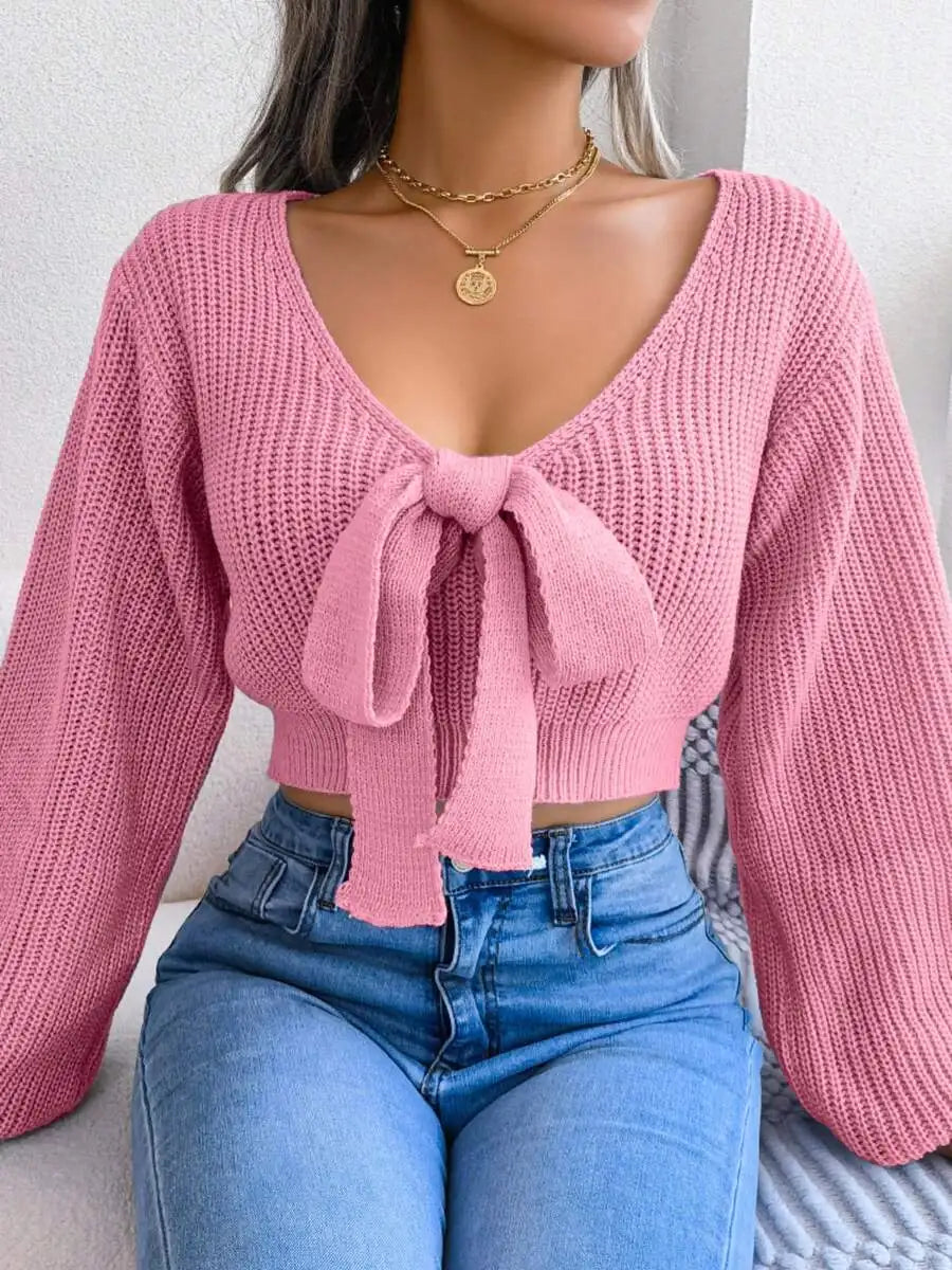 Women's V-Neck Bow Tie Front Cropped Knit Sweater With Relaxed Sleeves