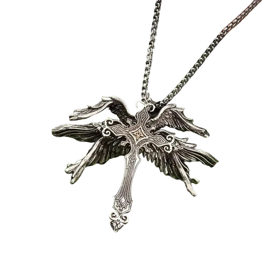 Vintage Gothic Angel Wing Cross Pendant Necklace for Alternative Statement Styling