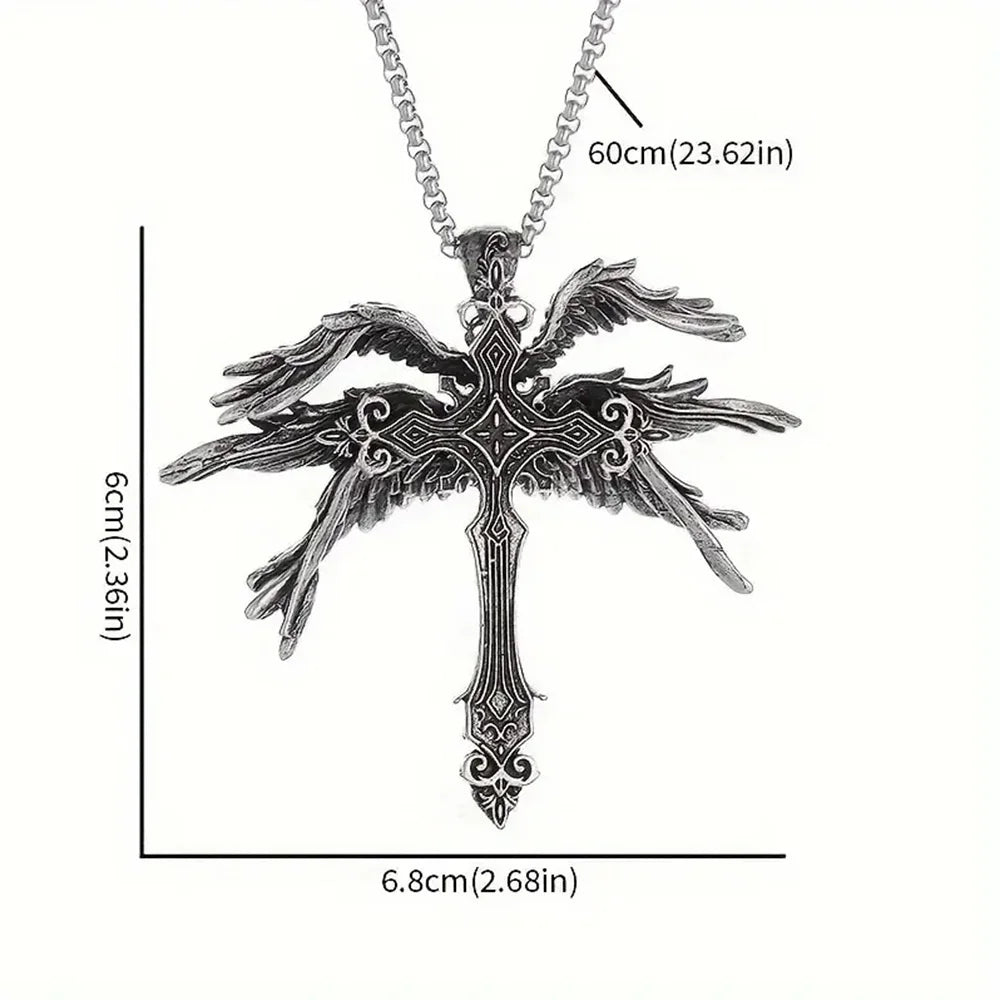 Vintage Gothic Angel Wing Cross Pendant Necklace for Alternative Statement Styling