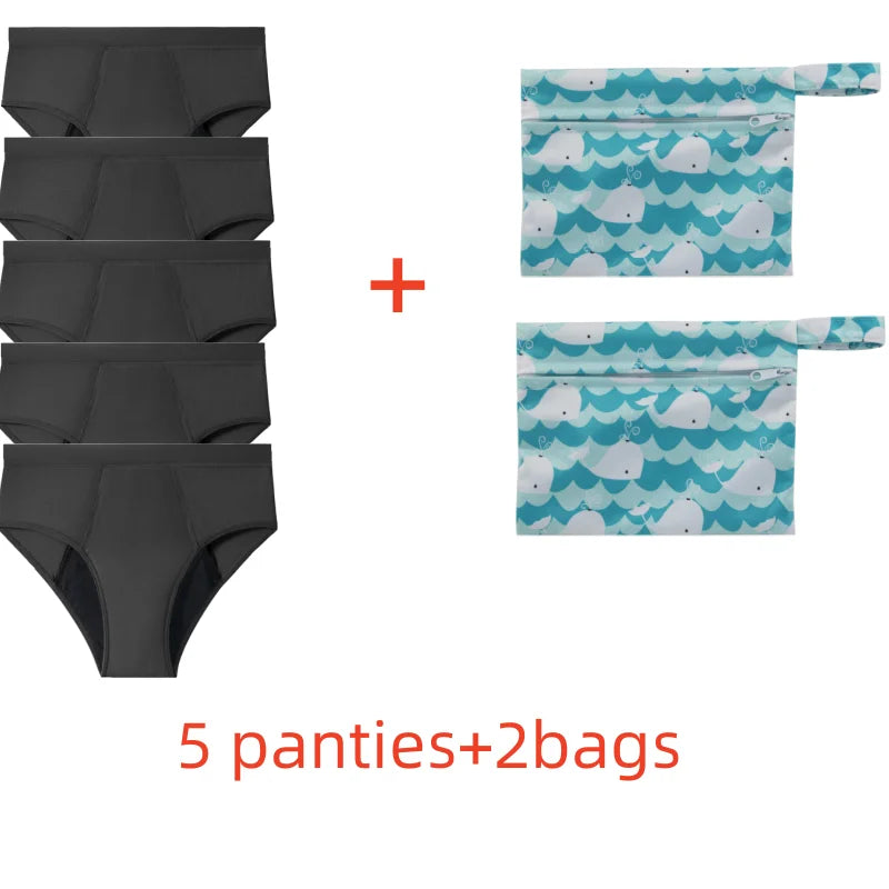 Five-Piece Solid Black Menstrual Brief Set with Two Printed Travel Bags