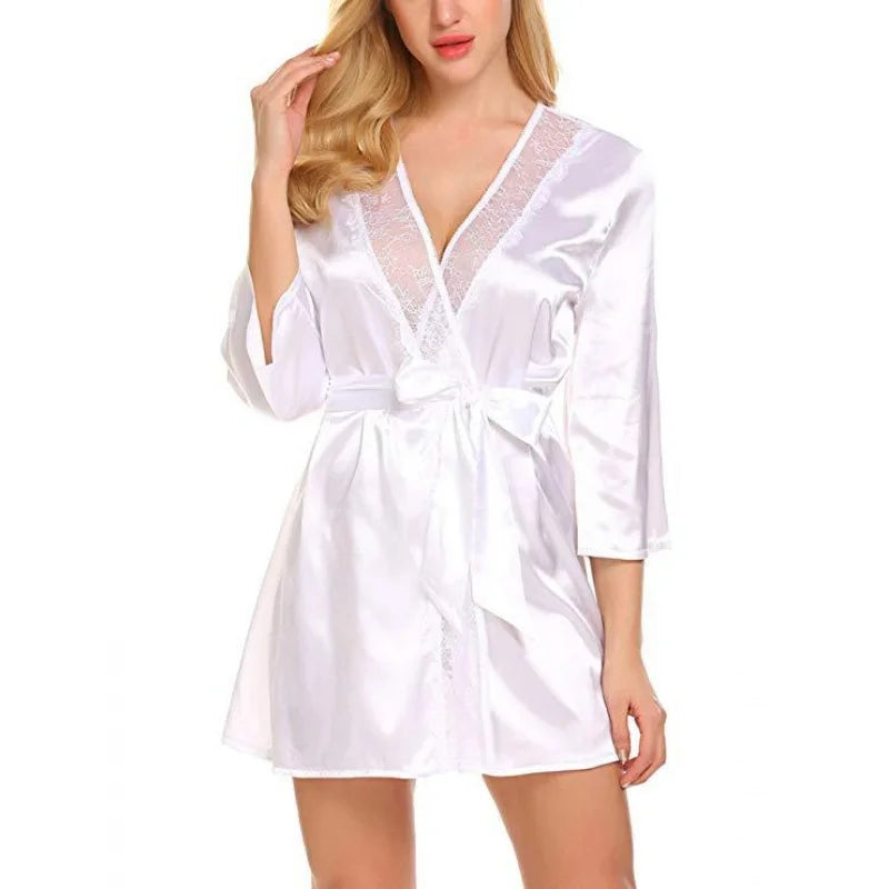 Elegant Black Satin-Finish Wrap Robe with Sheer Lace Lapel Paneling