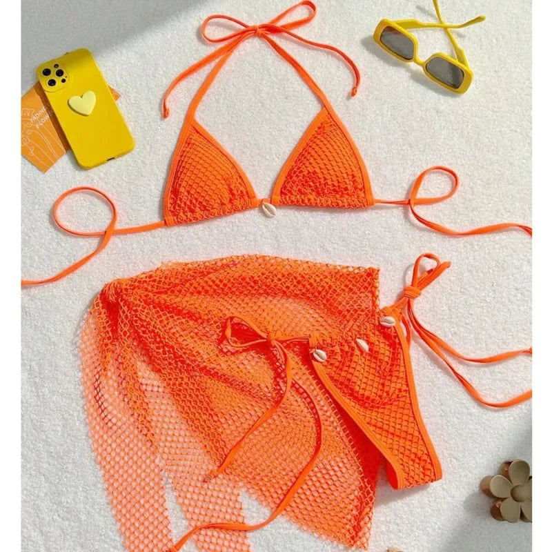 Earthy Textured Three-Piece Triangle Bikini Set with Cowrie Shell Accents and Net Skirt