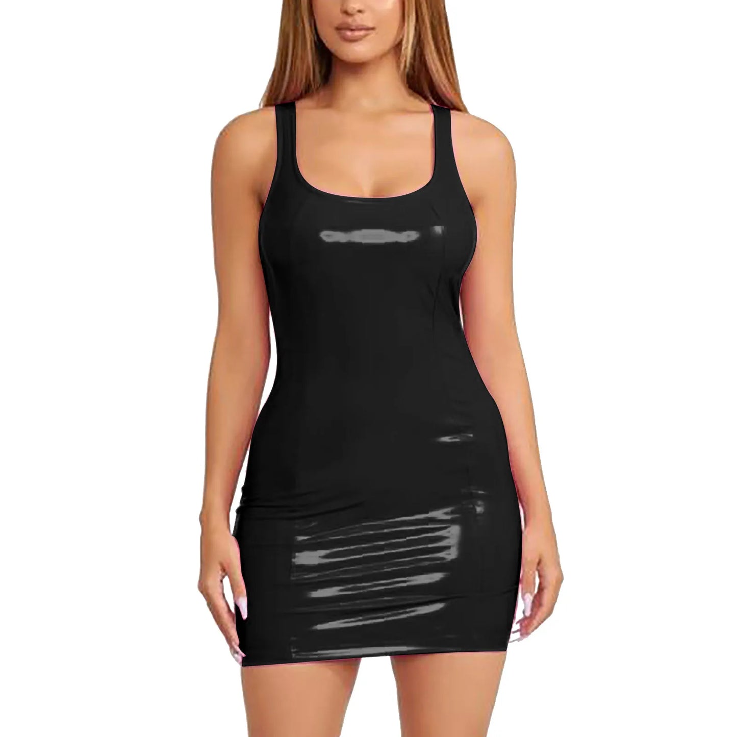 Glossy Faux Leather Bodycon Mini Dress with Sleeveless Zip Front Design