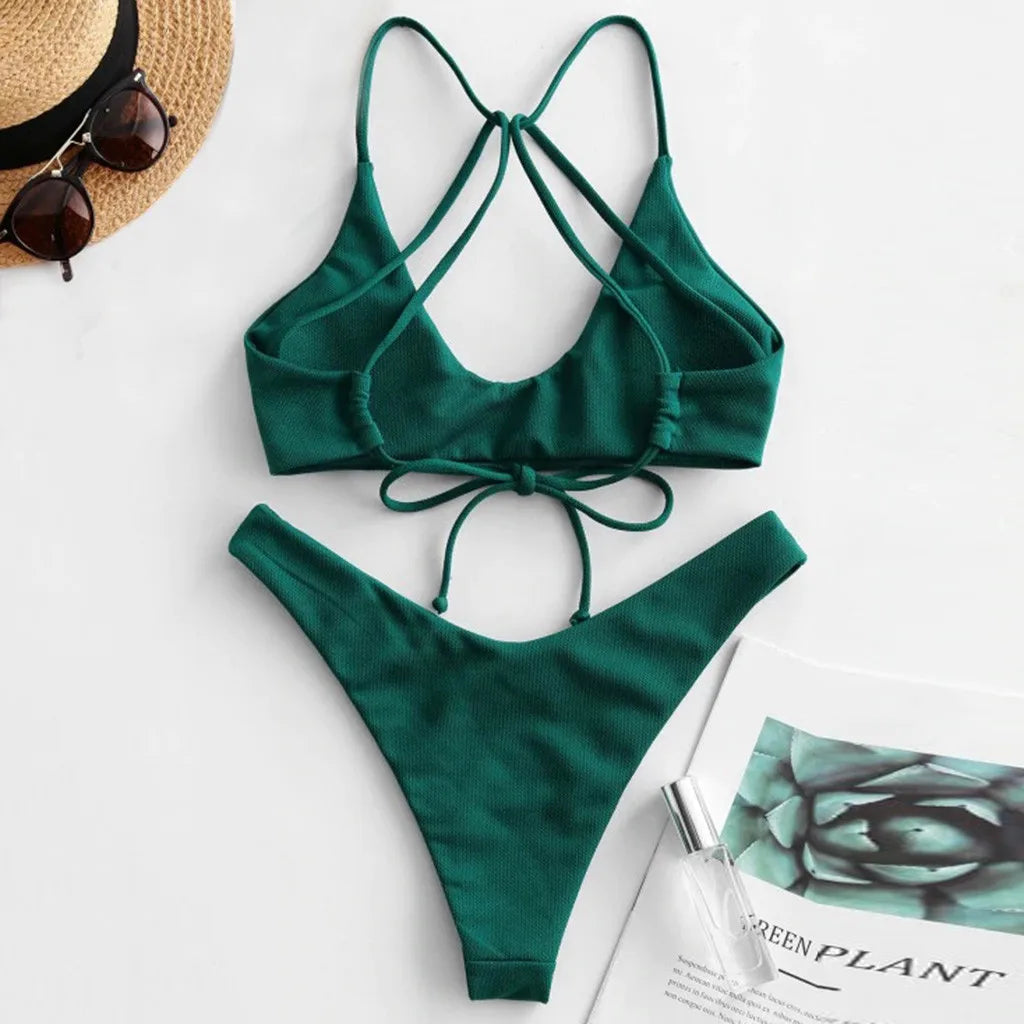 Burgundy Two-Piece Bikini Set with Lace-Up Halter Top, Crisscross Back Straps and Matching High-Waisted Bottom