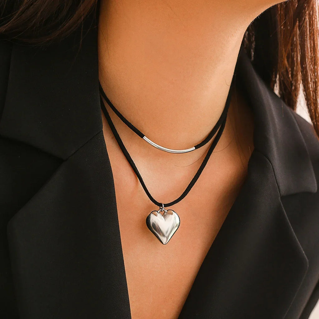 Layered Heart Pendant Choker Necklace for Dark Feminine Alternative Style