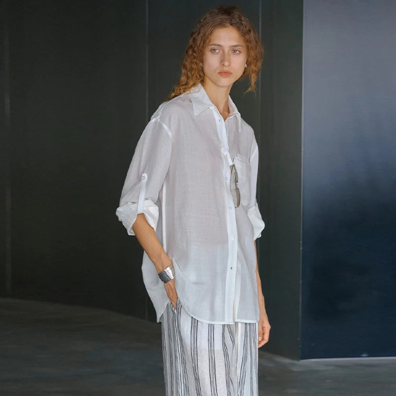 Lightweight Semi-Sheer Lyocell Blend Relaxed Button-Down Shirt