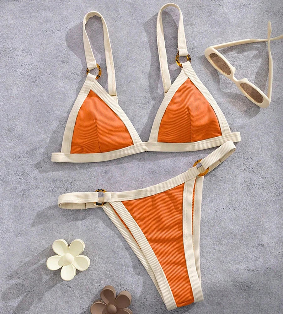 Textured Taupe Triangle Bikini with White Contrast Piping and Ring Hardware