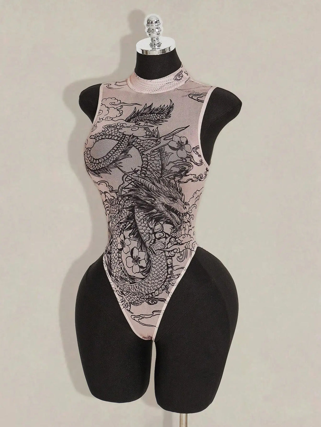 Sheer Printed Mesh High Neck Bodysuit for Gothic Alternative Fashion