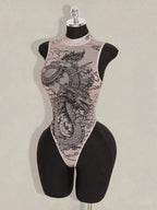Sheer Printed Mesh High Neck Bodysuit for Gothic Alternative Fashion