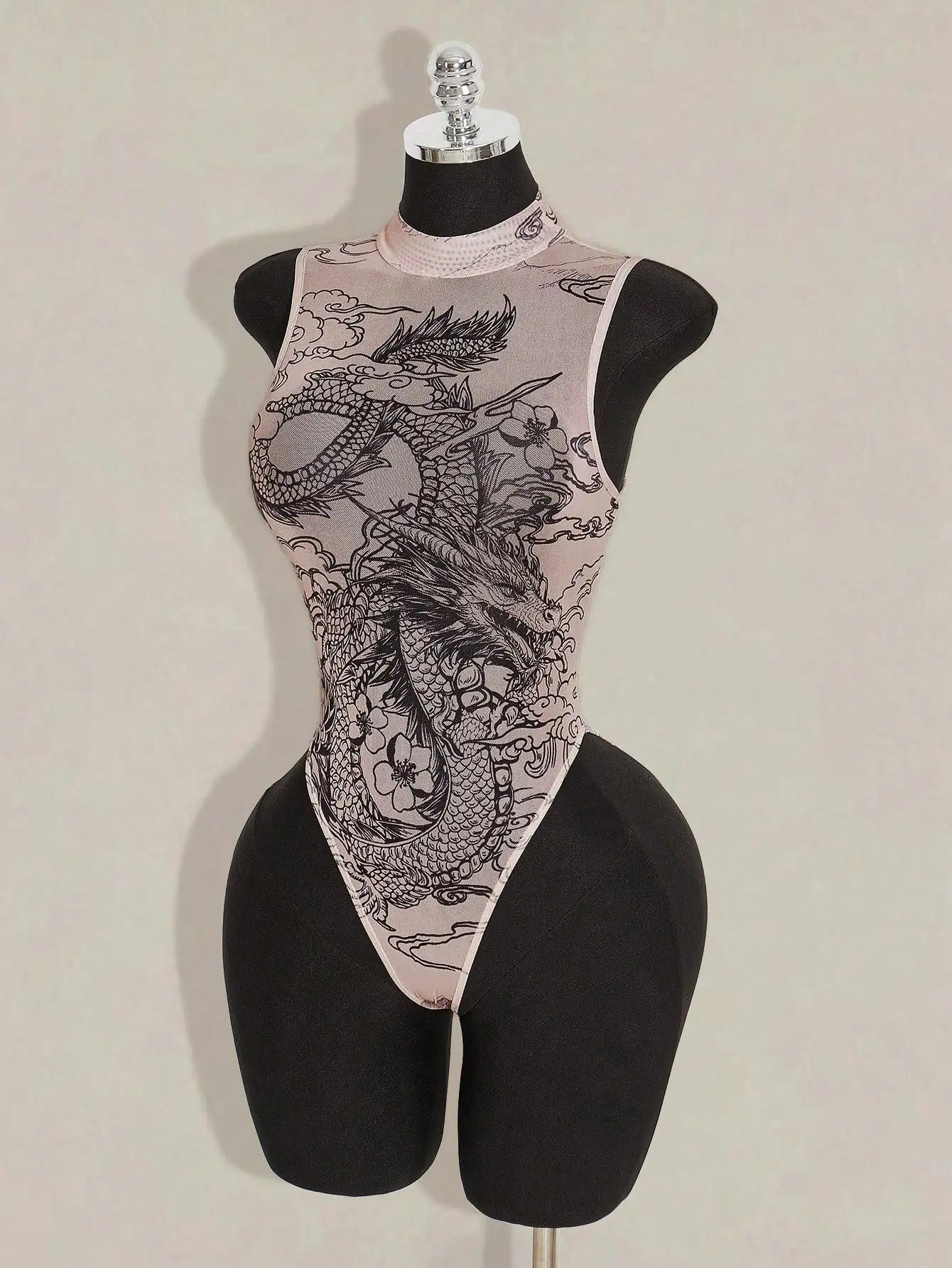Sheer Printed Mesh High Neck Bodysuit for Gothic Alternative Fashion