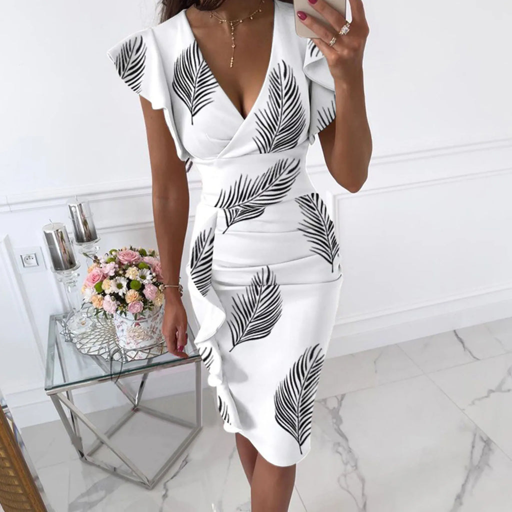 Form-Fitting Black Floral Midi Dress with Flutter Sleeves and Ruched Side Detailing