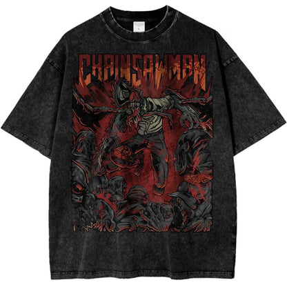 Minimal Anime Power Oversized Washed Cotton Streetwear Graphic T-Shirt