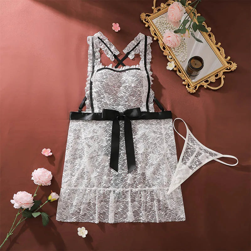 Playful Sheer Floral Lace Halter Apron Chemise with Ruffled Trim and Ribbon Tie