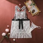 Playful Sheer Floral Lace Halter Apron Chemise with Ruffled Trim and Ribbon Tie