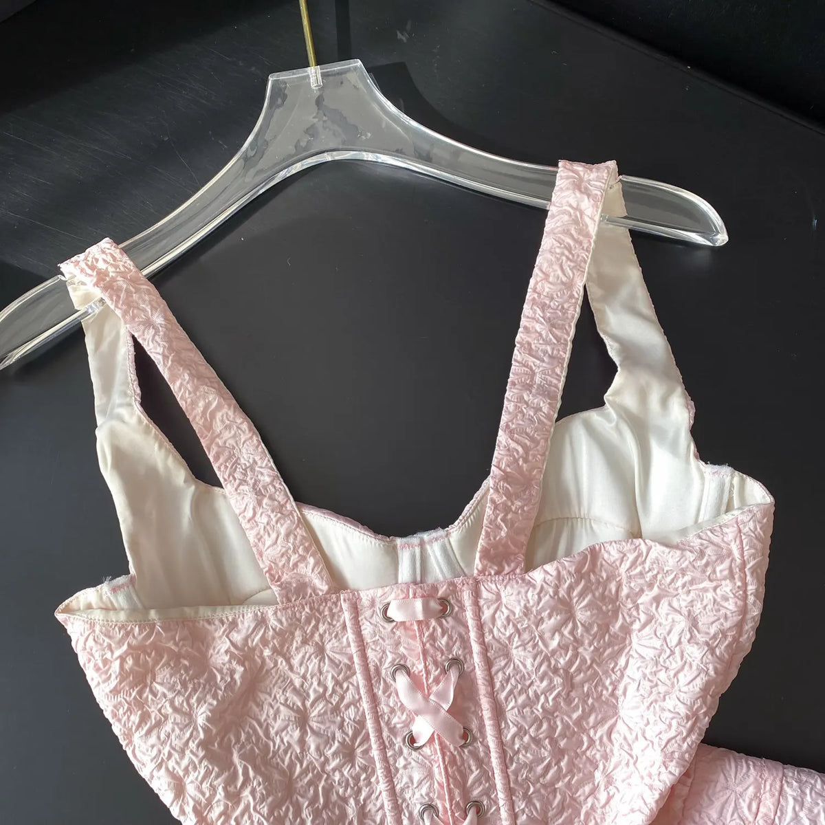 Romantic Pink Textured Peplum Corset Top with Sweetheart Neckline