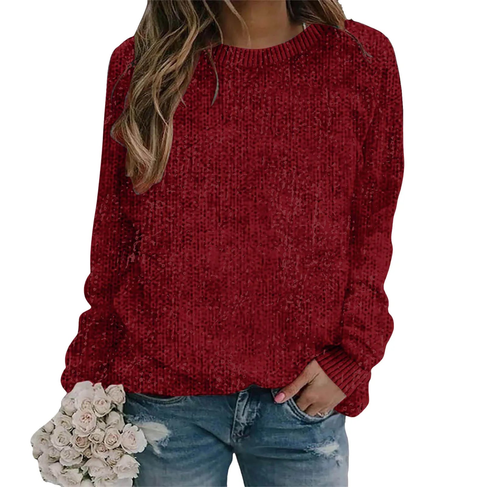 Women's Relaxed Fit Crew Neck Cozy Knit Everyday Sweater Pullover
