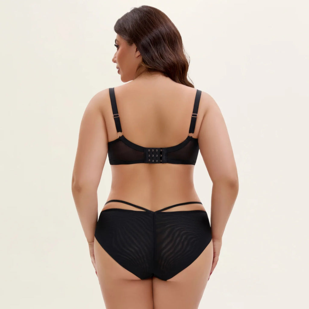 Black Sheer Mesh Underwire Minimizer Bra with Strappy Detail