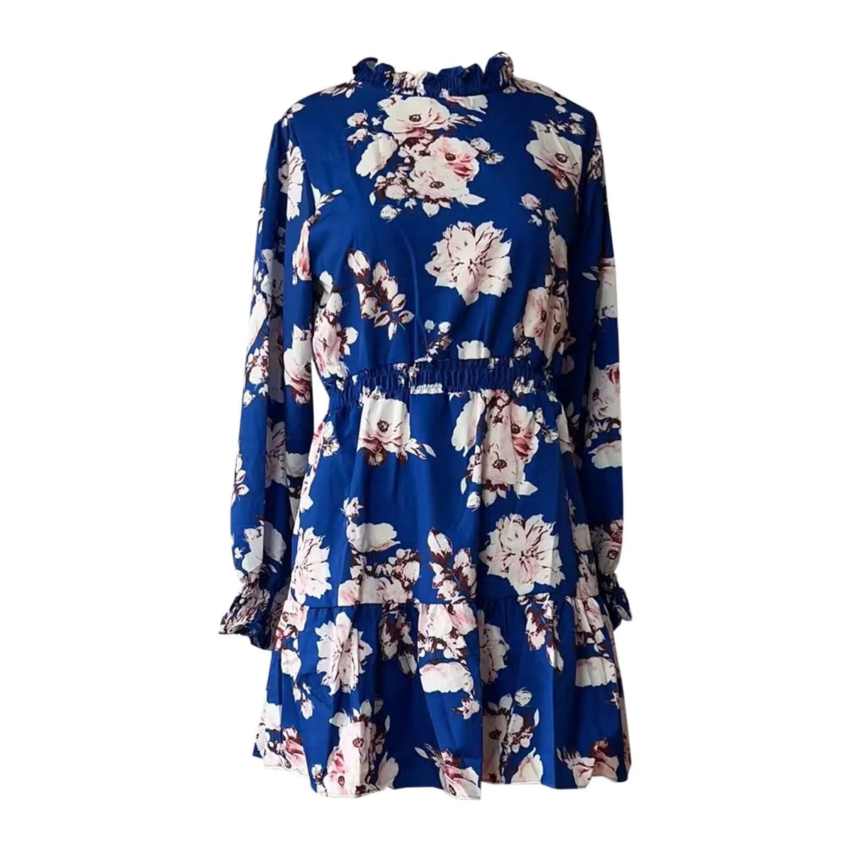 Long-Sleeve Floral Midi Dress with Mock Neckline and Gathered Cuffs