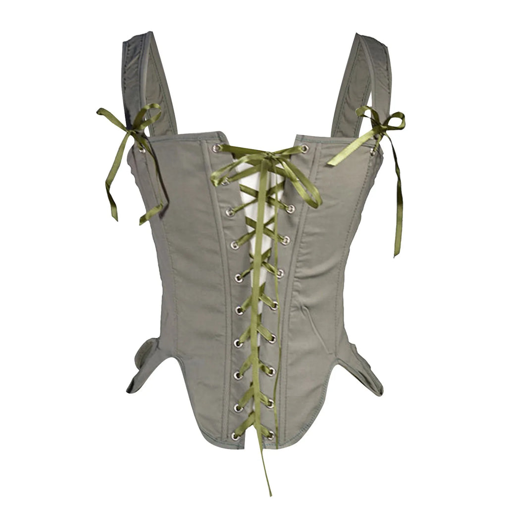 Lace-Up Corset Top with Adjustable Shoulder Ties and Structured Bodice