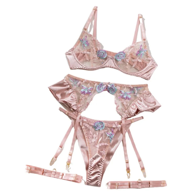 Romantic Blush Pink Satin-Finish Lingerie Set with Blue Floral Appliqués